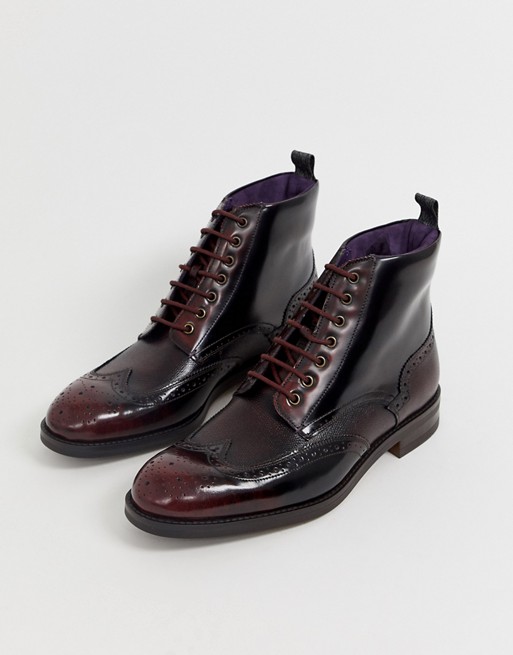 Ted Baker twrehs brogue boots in burgundy hi shine
