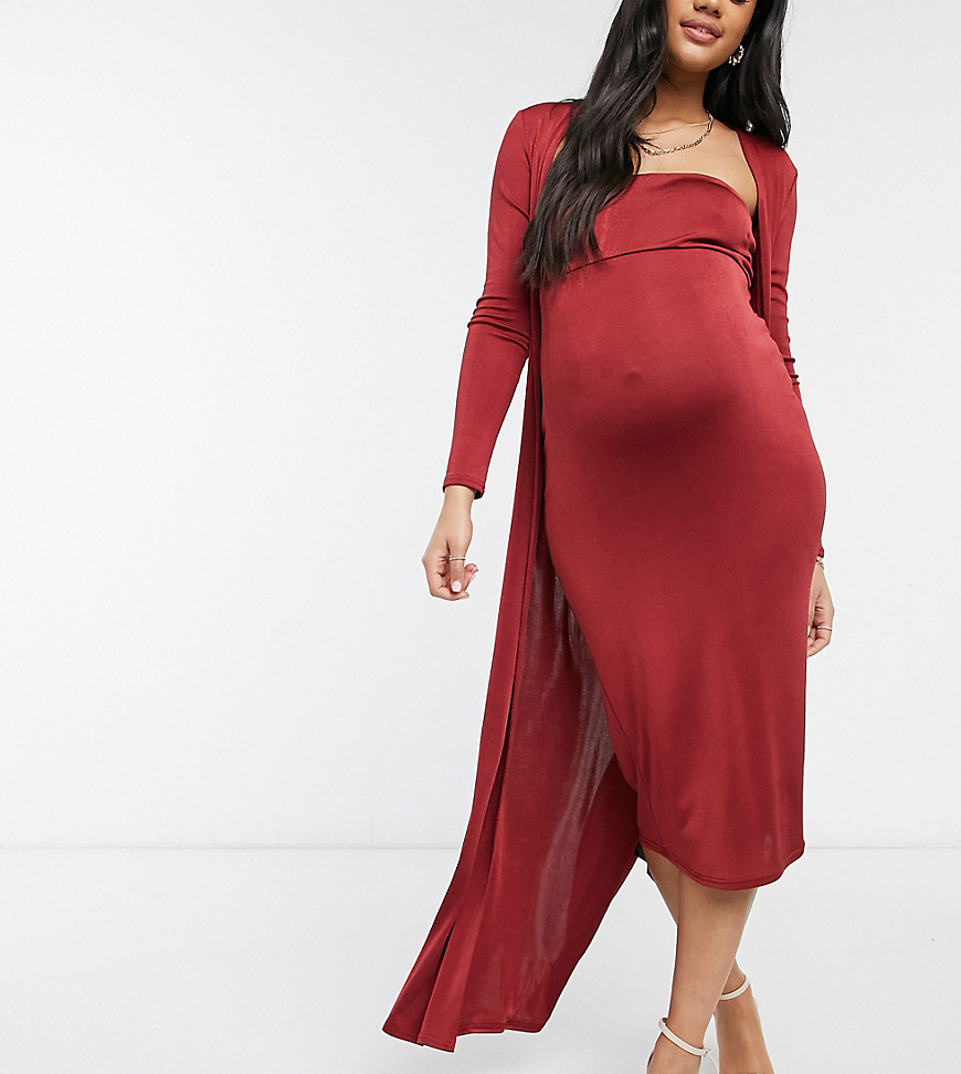 фото Темно-бордовое платье-бандо миди c халатом «2-в-1» asos design maternity-красный asos maternity