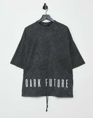 фото Темно-серая oversized-футболка с текстовым принтом на спине и шнурком asos dark future-серый