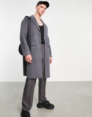 Темно-серое пальто свободного кроя из искусственной шерсти Topman-Серый