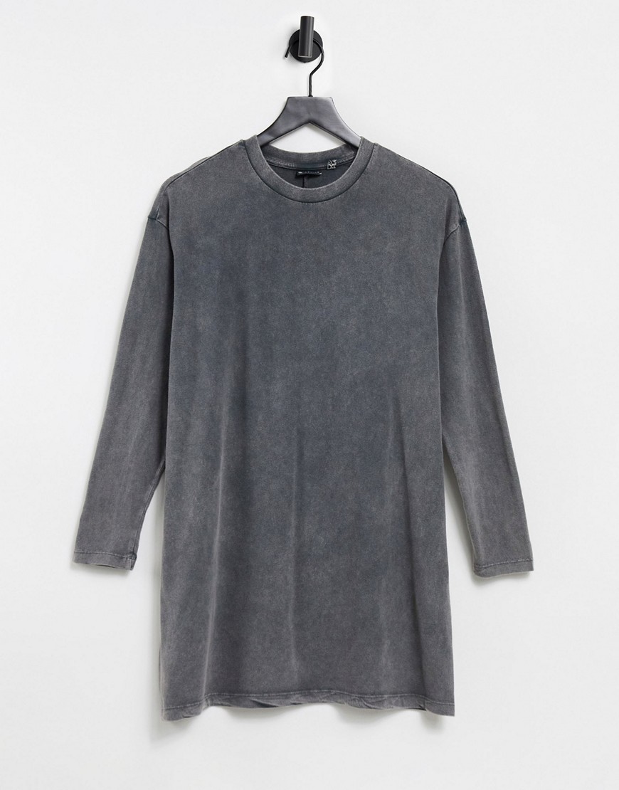 Темно-серое платье-футболка в стиле oversized с эффектом кислотной стирки и длинными рукавами -Черный цвет ASOS DESIGN 11025647