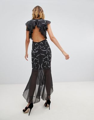 фото Темно-серое платье миди с отделкой и оборками lace & beads-серый