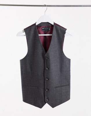 фото Темно-серый приталенный жилет с добавлением шерсти и узором "в елочку" asos design wedding