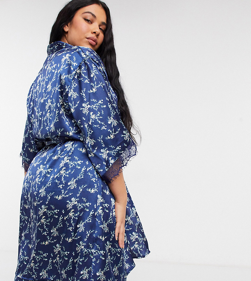 фото Темно-синее атласное кимоно с цветочным принтом vero moda curve-темно-синий
