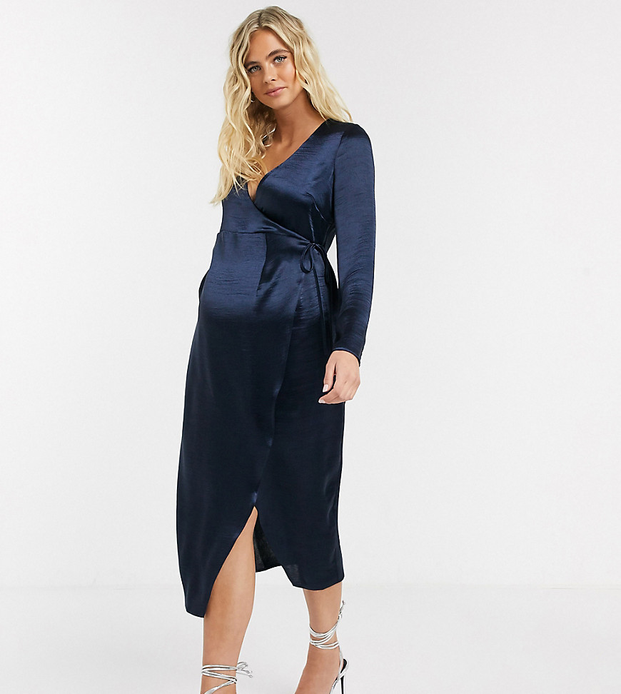 фото Темно-синее атласное платье миди с запахом asos design maternity-темно-синий asos maternity