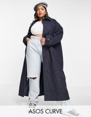 Пальто и куртки Темно-синее oversized-пальто бойфренда макси из саржи ASOS DESIGN Curve-Темно-синий