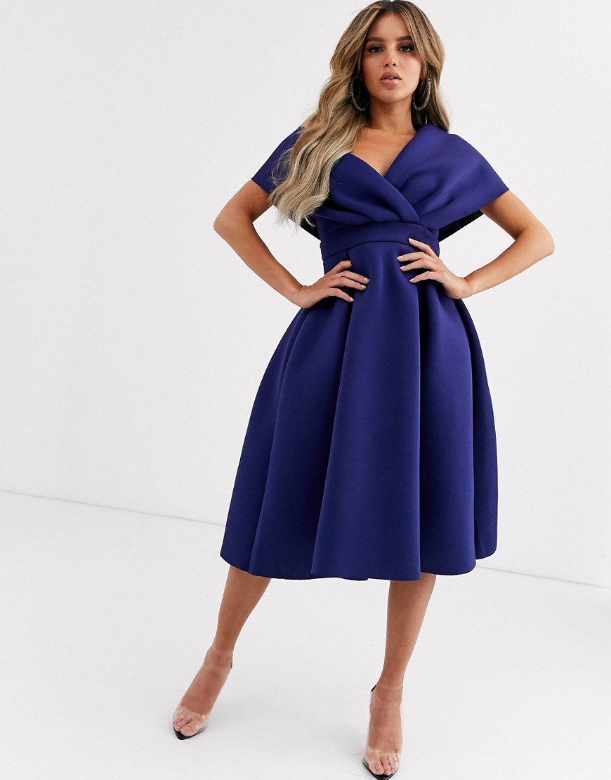 Темно-синее платье миди для выпускного с поясом и спущенным плечом ASOS DESIGN-Синий