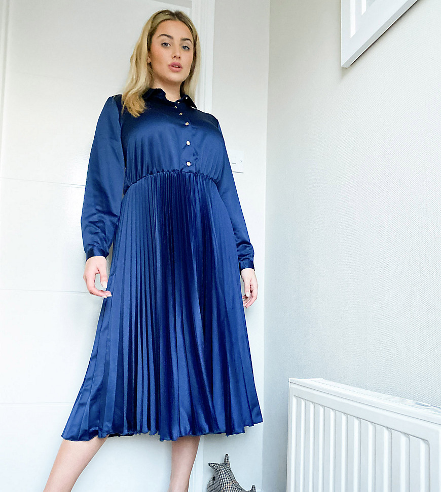 Темно-синее платье миди с плиссированной юбкой Closet London Plus-Темно-синий