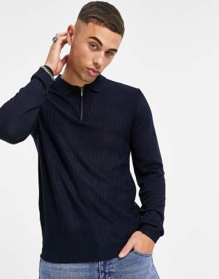 Футболки-поло  Asos Темно-синее трикотажное поло с зигзагообразным узором Topman-Темно-синий