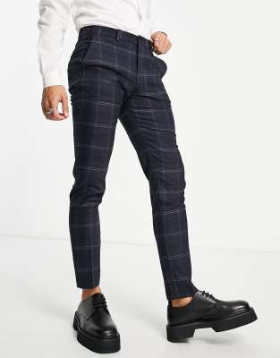 Облегающие костюмы  Asos Темно-синие брюки зауженного кроя в клетку Selected Homme-Темно-синий