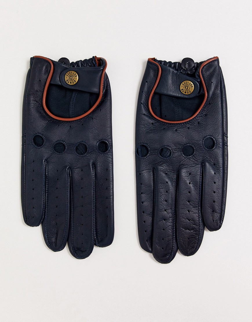 фото Темно-синие кожаные перчатки с контрастной отделкой dents delta-темно-синий