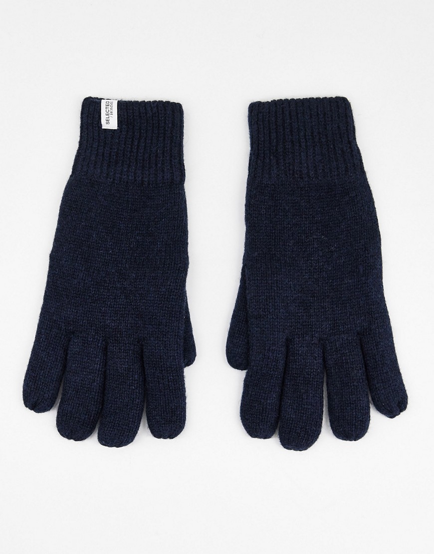 фото Темно-синие перчатки из смесовой шерсти selected homme-темно-синий