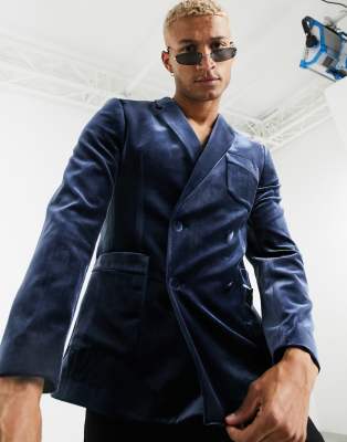 Темно-синий двубортный пиджак скинни из бархата ASOS DESIGN b372065a фото