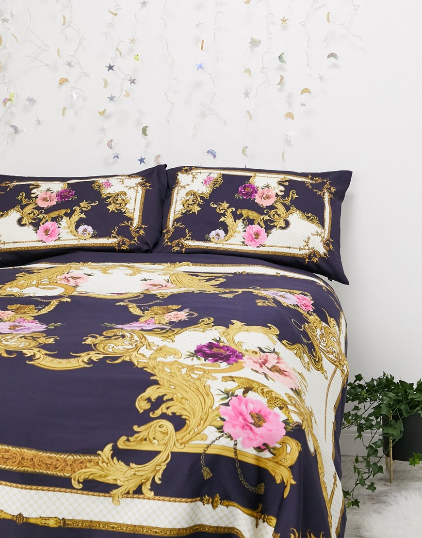фото Темно-синий комплект постельного белья с цветочным принтом river island