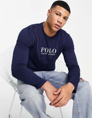 фото Темно-синий лонгслив для дома с текстовым логотипом на груди polo ralph lauren