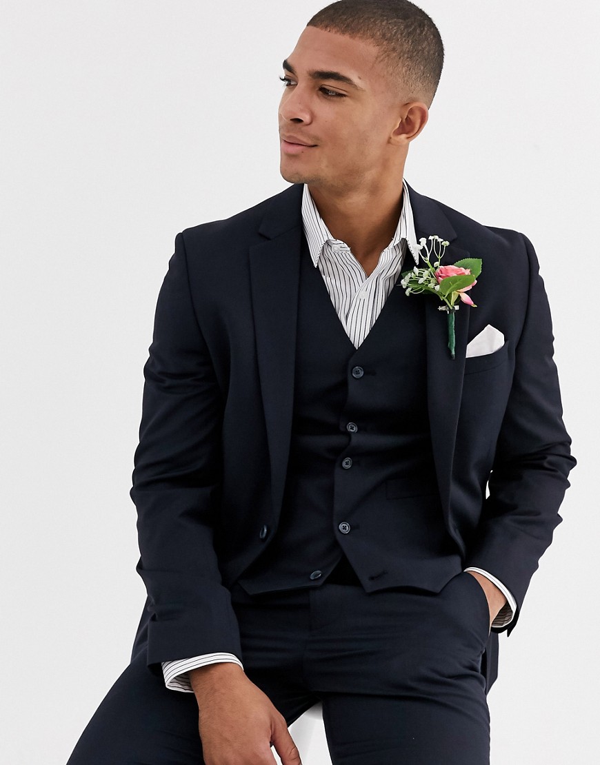 Темно-синий приталенный пиджак с добавлением шерсти ASOS DESIGN - wedding