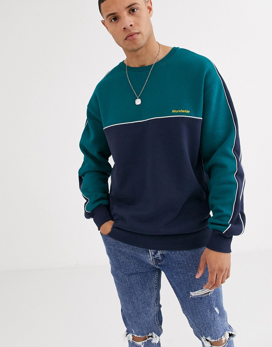 фото Темно-синий свитер в стиле колор блок с отделкой new look
