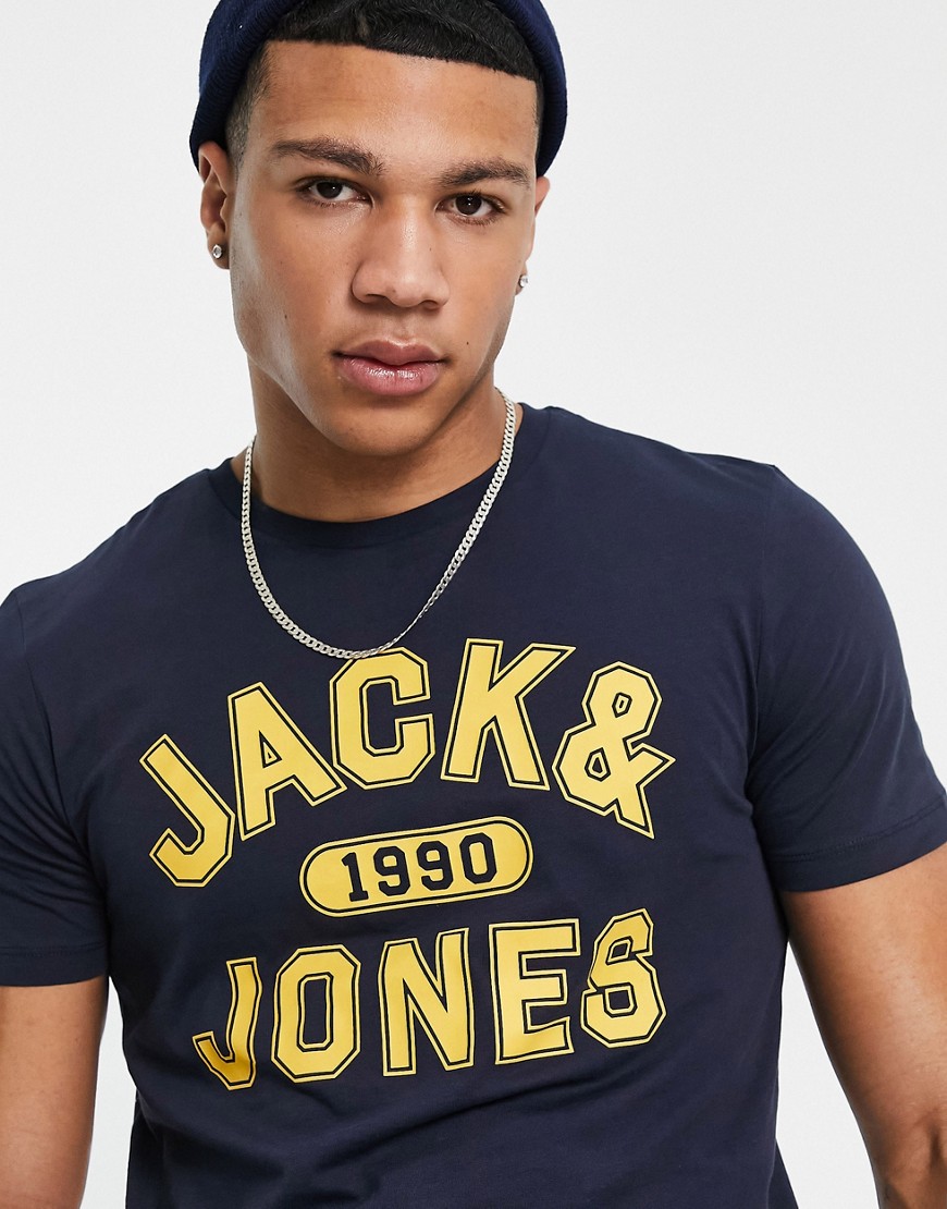 фото Темно-синяя футболка с круглым вырезом и логотипом jack & jones-темно-синий
