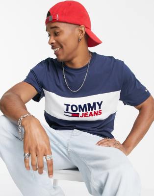 фото Темно-синяя футболка в стиле колор блок с логотипом tommy jeans-темно-синий