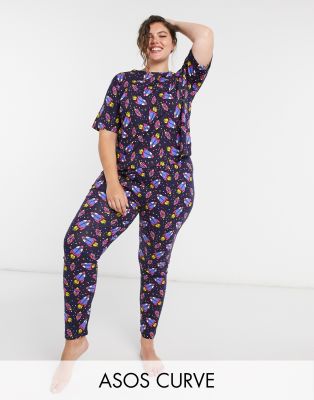 Темно-синяя пижама с леггинсами и принтом ASOS DESIGN Curve-Многоцветный