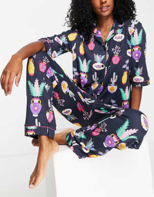 Ночная одежда  Asos Темно-синяя пижама свободного кроя с длинными рукавами и принтом мистических растений Chelsea Peers-Темно-синий