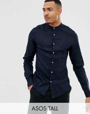 фото Темно-синяя рубашка с добавлением льна с воротником на пуговицах asos design tall-темно-синий