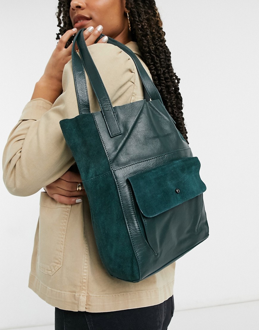 фото Темно-зеленая кожаная сумка-тоут с замшевым карманом urbancode-зеленый