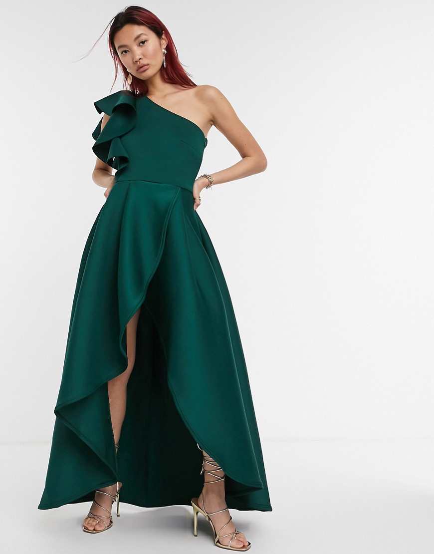 Темно-зеленое ассиметричное платье макси на одно плечо с оборками True Violet-Зеленый