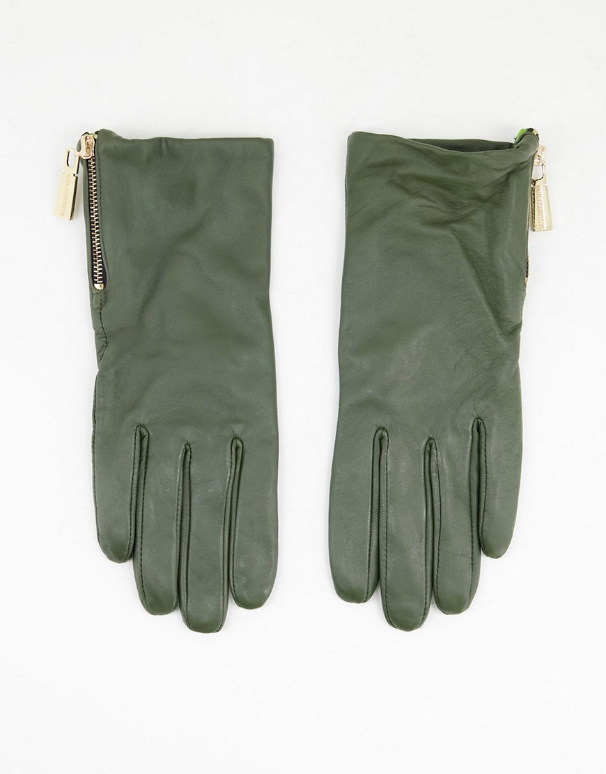 фото Темно-зеленые кожаные перчатки с застежкой-молнией paul costelloe-зеленый цвет