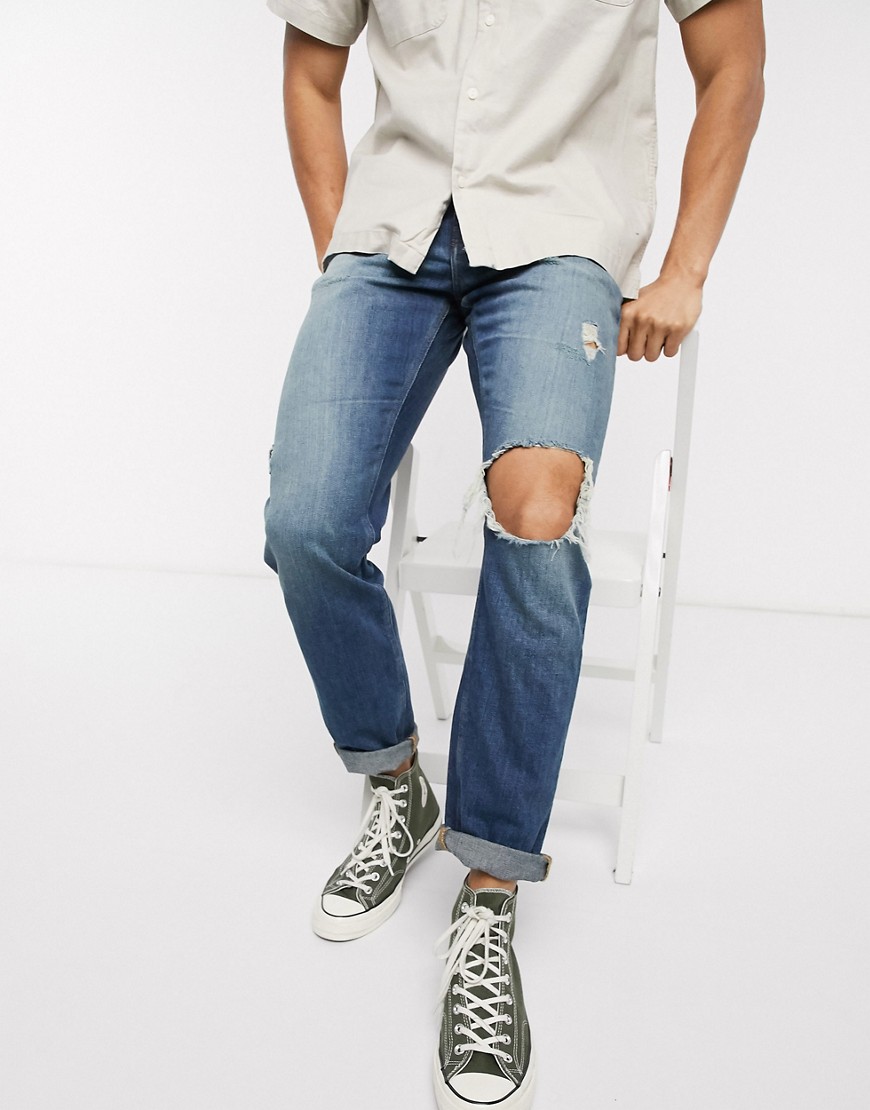 фото Темные стретчевые джинсы слим с рваной отделкой asos design-синий