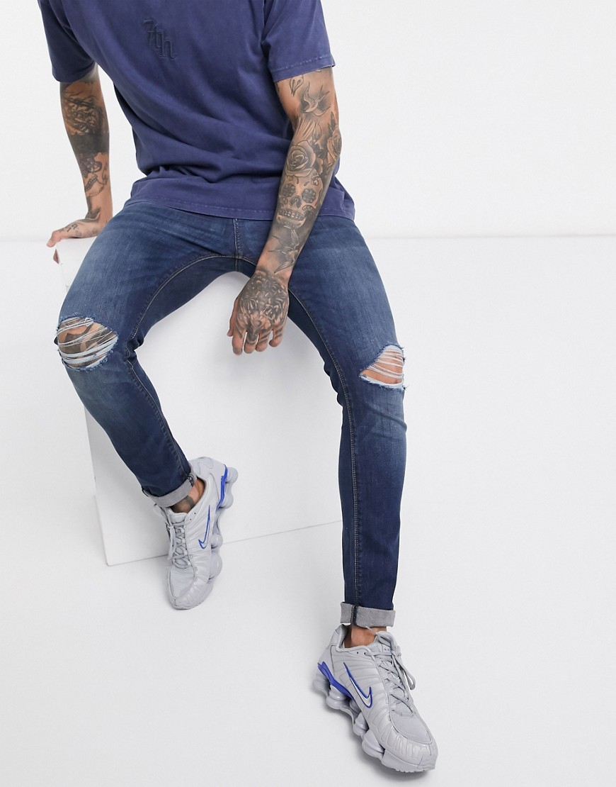 фото Темные супероблегающие джинсы с рваными коленями asos design-синий