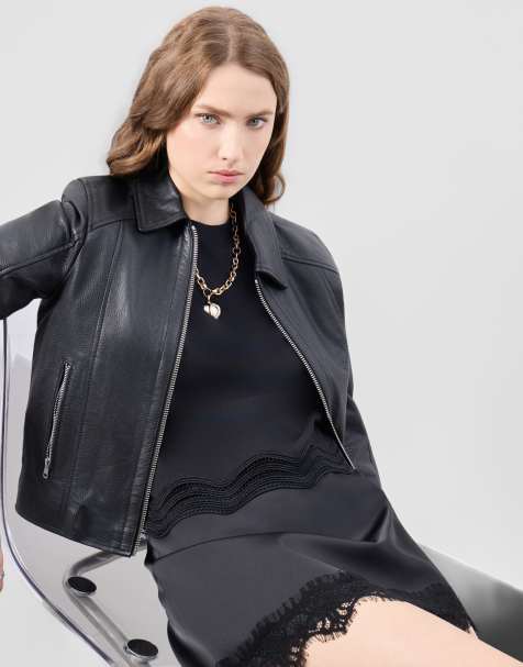 Textured real leather short jacket with belt - view 1
