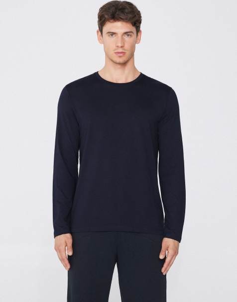 Tezenis 100% cotton long sleeve round neck top in dark blue - view 1