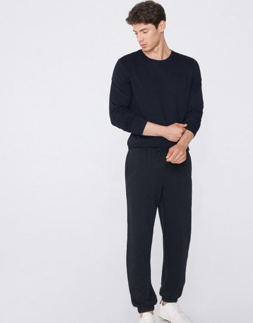Tezenis 100% cotton long sleeve round neck top in dark blue, 4 of 5