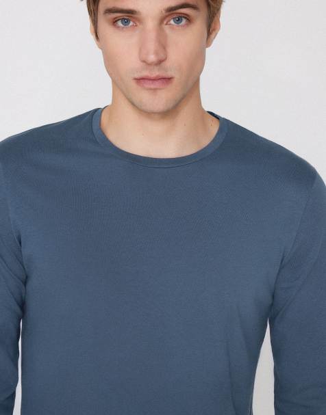 Tezenis 100% cotton long sleeve round neck top in denim - view 1