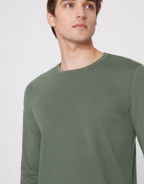 Tezenis 100% cotton long sleeve round neck top in military green - view 1