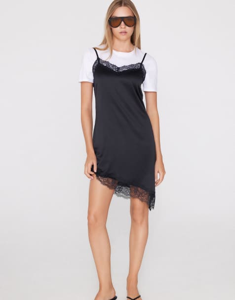 Tezenis Asymmetric satin and lace slip dress in black