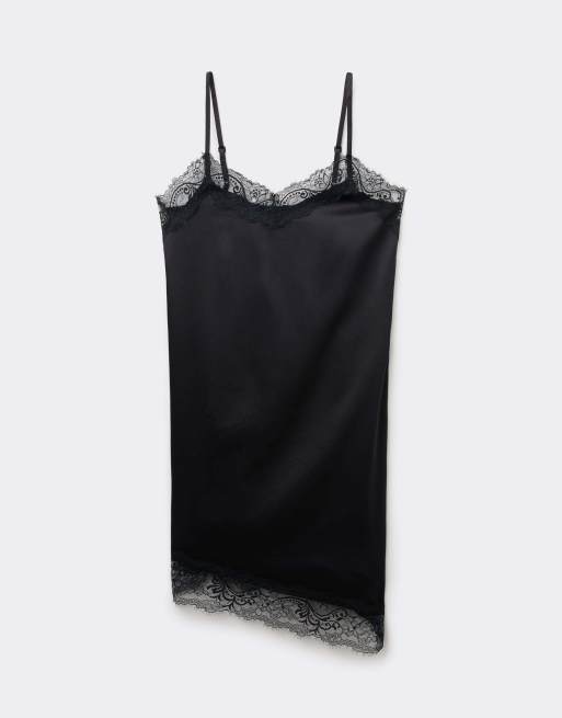 Tezenis Asymmetric satin and lace slip dress in black, 3 of 4