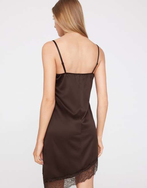 Tezenis Asymmetric satin and lace slip dress in chocolate, 2 of 4