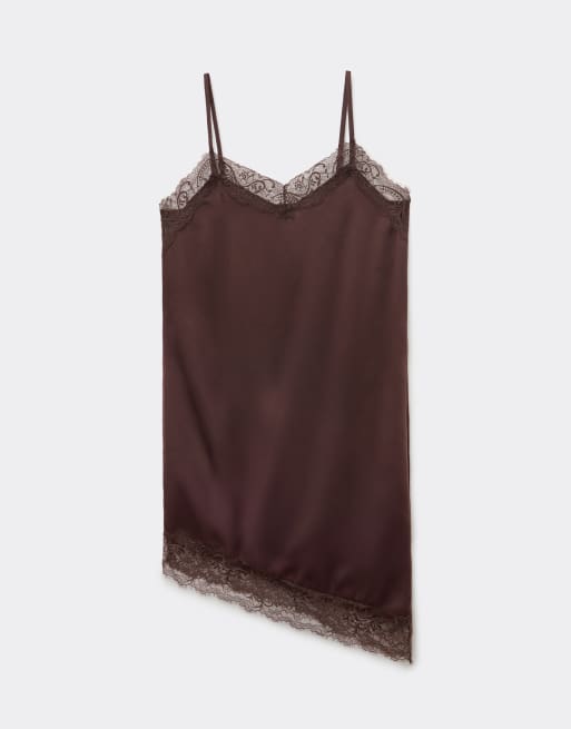 Tezenis Asymmetric satin and lace slip dress in chocolate, 3 of 4