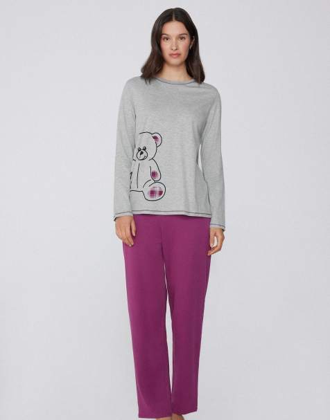 Tezenis Bear print long cotton pyjamas in light grey melange bear print - view 1