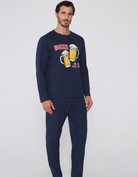 Tezenis Beer print long cotton pyjamas in absolute blue beer print - view 1
