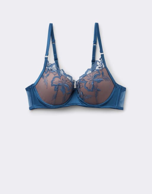 Tezenis Berlin flower desire padded push-up bra in indigo blue, 5 of 5