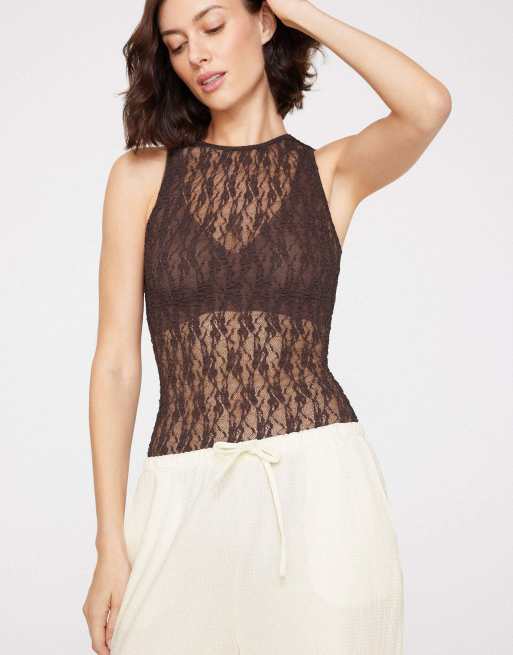 Tezenis Body with wide back straps in chocolate, 4 of 5
