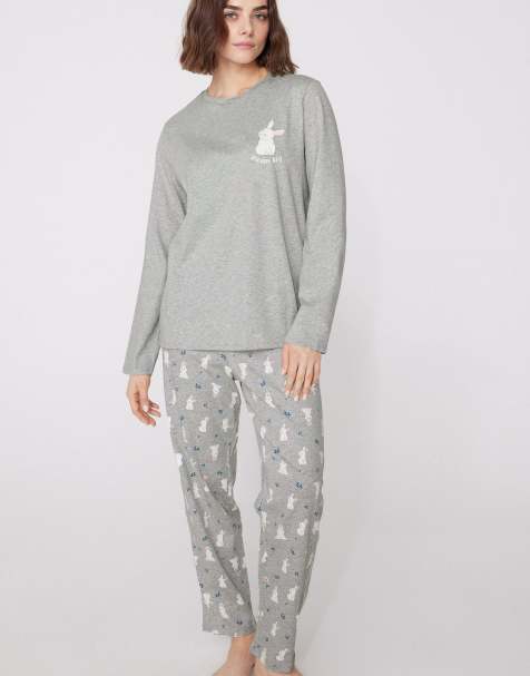 Tezenis Bunny print long cotton pyjamas in light grey melange bunny print - view 1