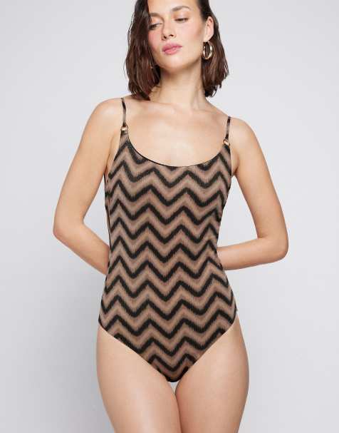 Tezenis Chevron shine one-piece swimsuit in gold chevron - view 1