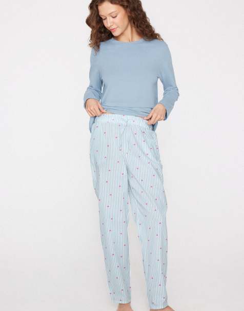 Tezenis Cotton canvas drawstring trousers in blue stripes with hearts - view 1
