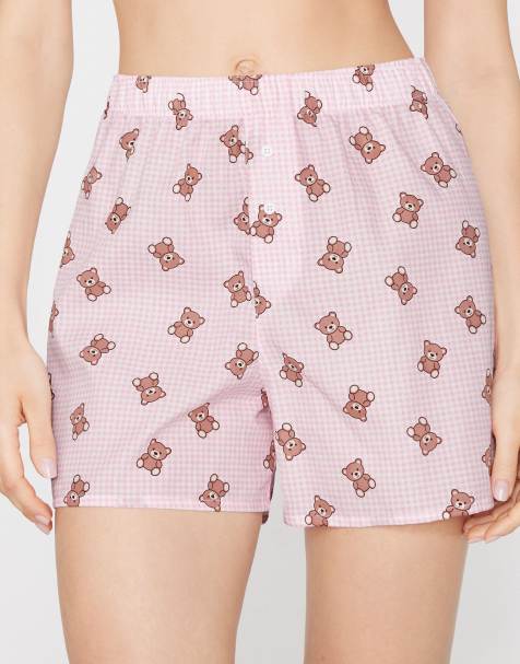 Tezenis Cotton canvas shorts in pink gingham with teddies - view 1