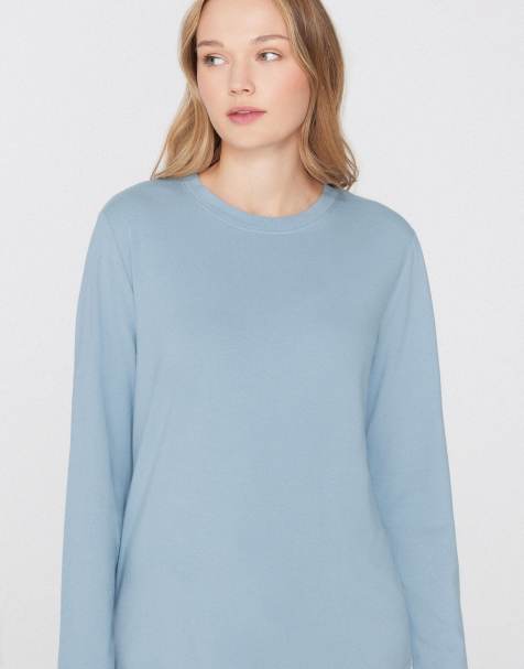 Tezenis Cotton modal long sleeve round neck top in cotton blue - view 1