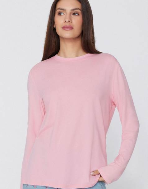Tezenis Cotton modal long sleeve round neck top in sugar pink - view 1
